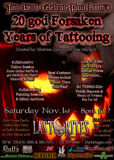 PAUL BOOTH CELEBRATES 20 YEARS AS A TATTOO ARTIST. NEW YORK, October 15, 